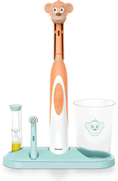 Beurer TB10 Kids Electric Toothbrush Kit - Fun Milo The Monkey Cap with 2 Extra-Soft Brush Heads to Help Remove Plaque, 2 Minute Timer, and Rinse ...