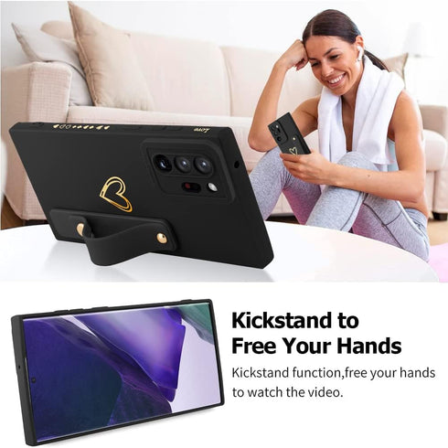 Fiyart Designed for Samsung Galaxy Note 20 Ultra Case with Phone Stand Holder Cute Love Hearts Camera Protection Cover with Wrist Strap for Women ...