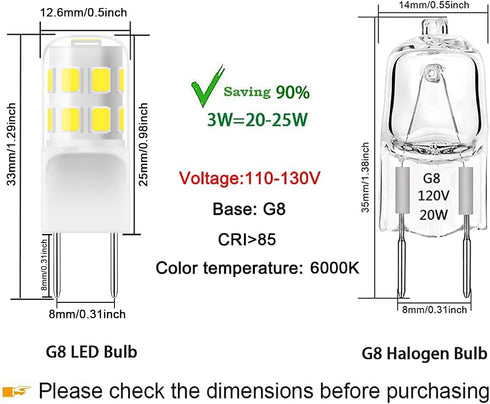 G8 LED Bulb Dimmable, 3W (20W-25W Halogen Equivalent), G8 GY8.6 Bi-Pin Base, T4 JCD Type 120V Mini G8 Bulb for Under Cabinet Puck Light, Under Cou...