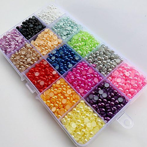 Chenkou Craft 5000pcs Assorted 15 Colors Half Flatback Imitation Pearl Bead 5mm Gem Scrapbook Craft DIY Beads + Plastic Box...
