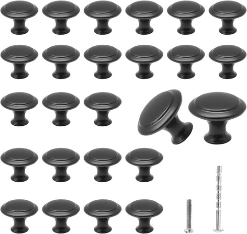 25PCS Black Mushroom Knobs, Stainless Steel Dresser Knobs 1 inch Diameter Round Drawer Knob Pull Handle with Mounting Screws for Chest Cabinet Cup...