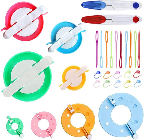 Pom Pom Maker,30pcs Pom Pom Makers kit Includes 8 PCS Pom Pom Maker+2pcs Scissors+10pcs Plastic Needles+10pcs kntting Stitch Markers for DIY Wool ...