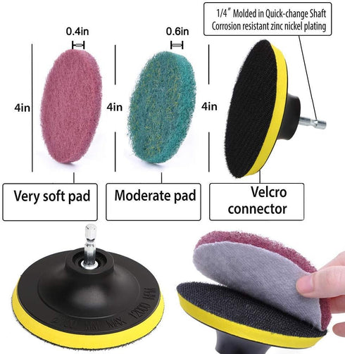 DUOSHIDA 4 Inch Drill Powered Brush Tile Scrubber Scouring Pads Cleaning Kit, 2 Different Stiffness, 4-Inch Disc Pad Holder with 6 Scrubbing Pads,...