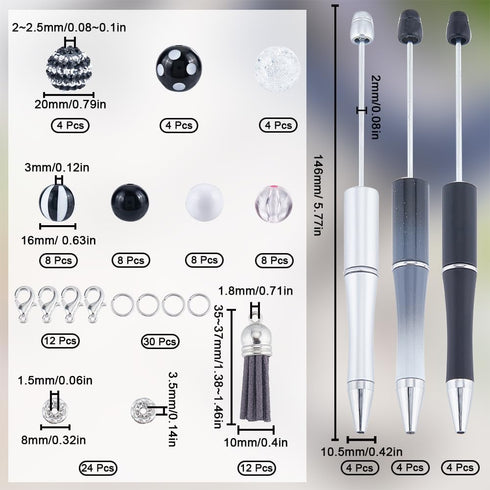 SUNNYCLUE DIY 12 Sets Beadable Pen with Beads Black White Acrylic Bead Pen Making Kit 20mm Rhinestone Bubblegum Beads Ballpoint Pens Beaded Pen Su...