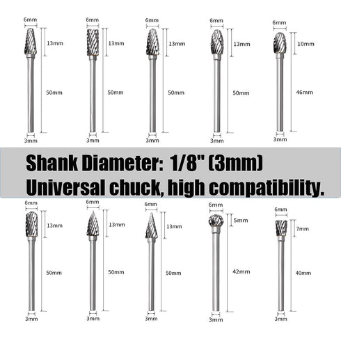 Tungsten Carbide Rotary Burr Set for Dremel, 10PCS Carbide Double Cut Carving Burr Bits with 1/8” Shank Rotary Tool Accessories for Woodworking, E...