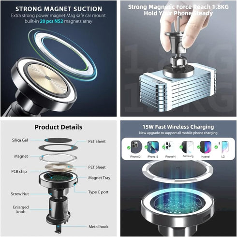 Magnetic Car Mount Charger – 15W Magnetic Phone Charger Compatible with iPhone, Samsung, Huawei – Fast-Charging Car Phone Holder Wireless Charger ...