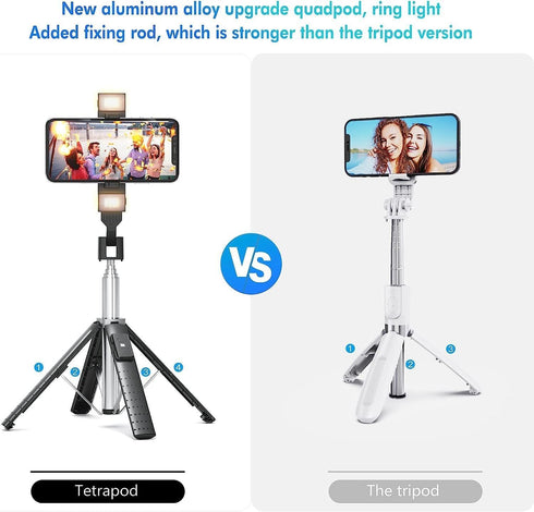 41” Selfie Stick Tripod Quadrapod with 2 Rechargeable Fill Light, Extendable Tripod with Bluetooth Remote, Stainless Steel, 3 Light Modes, 9 Brigh...