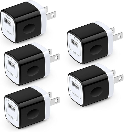 One Port USB Wall Charger,Charging Block,5Pack Travel 1A USB Charger Cube Brick Charger Boxes for iPhone 14/13/12/11/Xs Max/X/8 Plus/7/6S Plus,Sam...