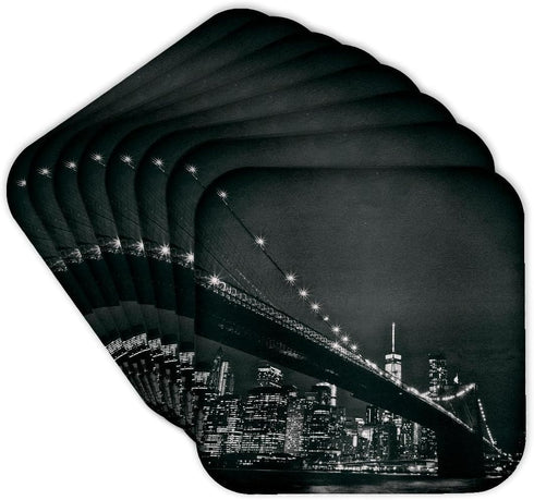 3dRose cst_219800_2 New York Scene of The Brooklyn Bridge & Manhattan Skyline At Night Soft Coasters, (Set of 8), Multicolor...