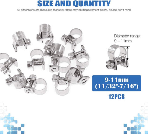 Glarks 12Pack 9-11mm Stainless Steel Mini Fuel Injection Hose Clamps Adjustable Pipe Hose Clip Tube Clamps Set (11/32''-7/16'' Dia)...