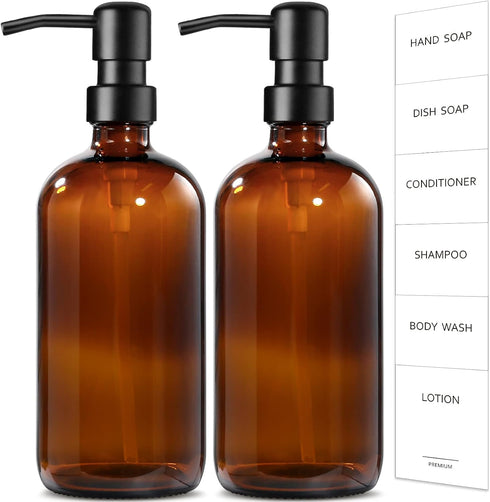 GMISUN Amber Glass Soap Dispenser, 2 Pack Bathroom Hand Soap Dispensers with Stainless Steel Pump, 17 Fl Oz Kitchen Hand and Dish Soap Dispenser S...