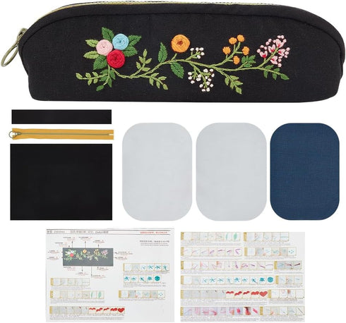 FREEBLOSS Embroidery Pencil Case Embroidery Kit Black Pencil Case Making Kit Flower Style Embroidery Starter Kit with Instruction Handmade Pencil ...