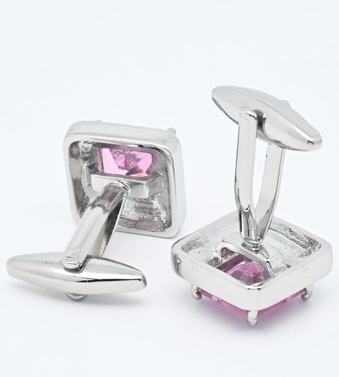 Pink Crystal Square Silver Cufflinks for Men Lady In Gift Case Classic Faceted Gemstone Men's Cufflinks Jewelry Set for Wedding Anniversary Busine...
