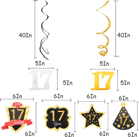 LINGTEER Happy 17th Birthday Decorations - 12 Pcs Birthday Black & Gold Foil Swirls Streamer Set,Cheers to Seventeen Years Old Bday Party Gift Dec...