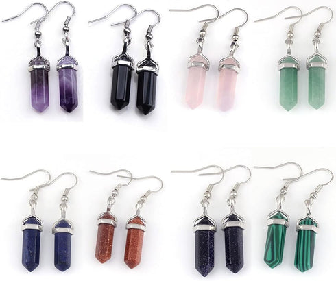Healing Crystal Hexagonal Points Drop Dangle Earrings Set Quartz Natural Stone for Women Chakra Natural Quartz Stones Amethyst Gemstone Hook Spiri...