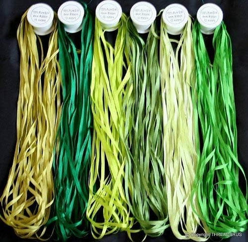 New 7mm Size ThreadNanny 6 Spools of 100% Pure Silk Ribbons - Green Tones - 60 mts x 7mm...