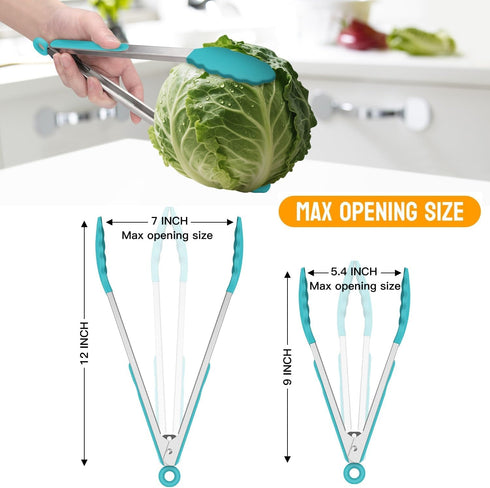 HOTEC Premium Stainless Steel Locking Kitchen Tongs with Silicon Tips, Set of 2-9" and 12", Blue...