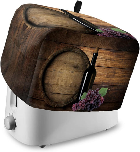 Toaster Cover 2 Slice, Wine Bottle and Fruit Grape with Wooden Barrel Bread Maker Cover Toaster Dust Cover with Pockets, Dust-Proof Cover for Kitc...
