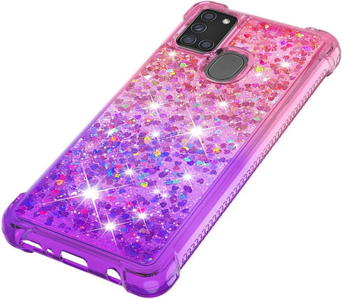 for Samsung Galaxy A21S Case with Tempered Glass Screen Protector,Women Girls Glitter Bling Floating Liquid Cute Soft TPU Shockproof Protective Ph...