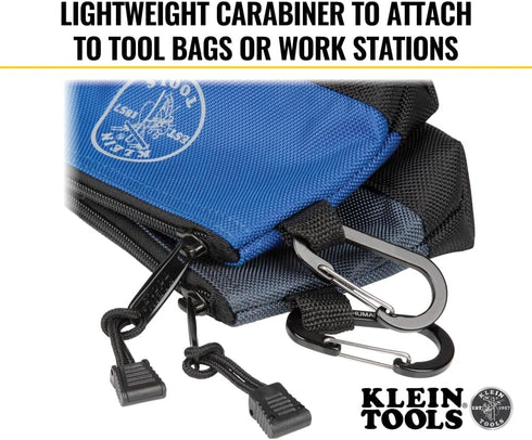 Klein Tools 55559 Stand-Up Zipper Bag Tool Pouch with Carabiners, 7-Inch Blue and 14-Inch Gray Utility Bags with Reinforced Bottom, 2-Pack...