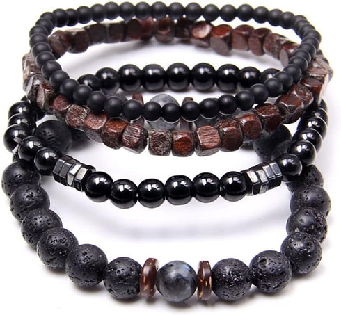 Natural Stone Leather Bracelet Set Obsidian Volcanic Stone Tiger Eye Stone Bead Bracelet Punk Style Men's Bracelet Set (bra000034)...