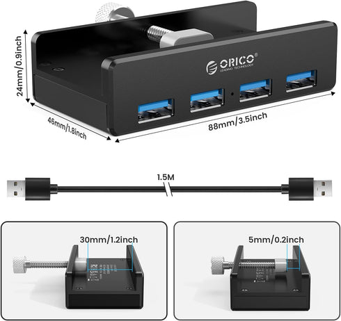 ORICO USB 3.0 Hub, USB Hub Clamp, Aluminum 4-Port USB Splitter with Extra Power Supply Port and 4.92 FT USB Data Cable, Desktop Powered USB Hub fo...