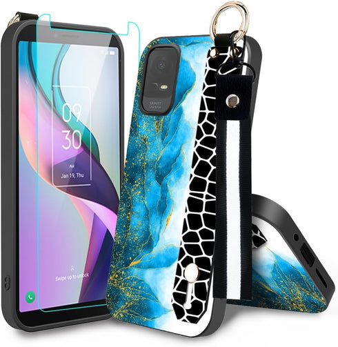 Case for TCL ION V, TCL ION X Phone Case,Fashion Marble Pattern Wrist Strap Stand Case with Tempered Glass Screen Protector Wristband Bracelet Pho...