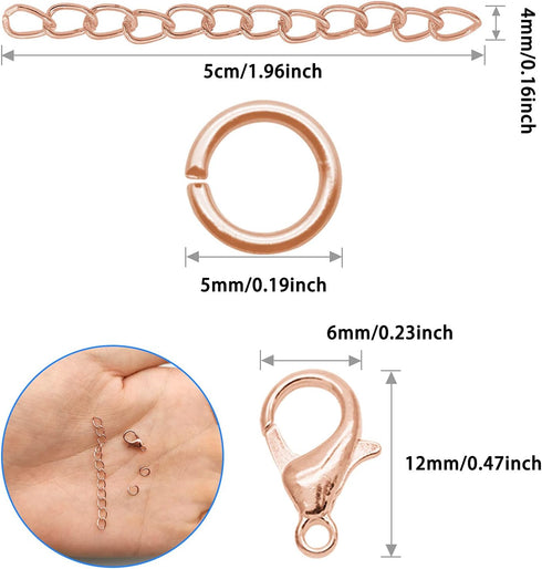 100pcs Alloy Lobster Clasps+100pcs Extension Chains with 100pcs Jump Rings Kit, Rose Gold Lobster Claw Clasps Open Jump Ring Tail Chain for Neckla...