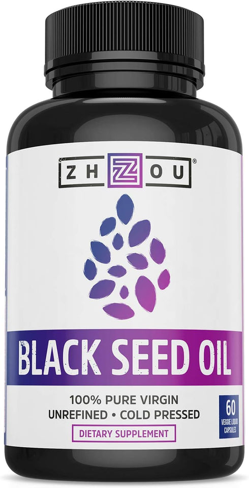 Zhou Nutrition Black Seed Oil Capsules, 100% Virgin, Cold Pressed Source of Omega 3 6 9, Super Antioxidant for Immune Support, Joints, Digestion, ...