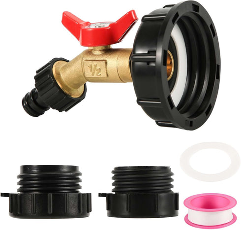 IBC Tote Adapter, 2 Sizes 275-330 Gallon IBC Bag Tank Fittings 1/2in Solid Brass Water Shut-Off Valve Faucet 2.44in Fine Thread & 2.36in Coarse Th...