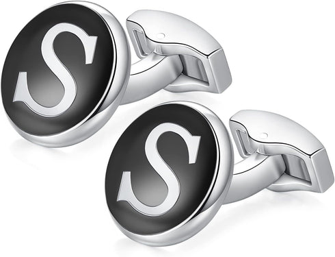 HONEY BEAR Initial Alphabet Letter Cufflinks Round for Mens Wedding Gift,Black A-Z...