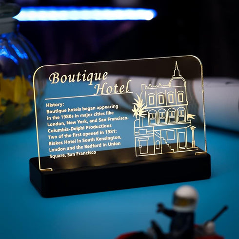 Kyglaring Glowing Clear Acrylic Name Plate with Power Base Designed for Lego Creator Boutique Hotel 10297 Building Set Sign Display (Glowing namep...