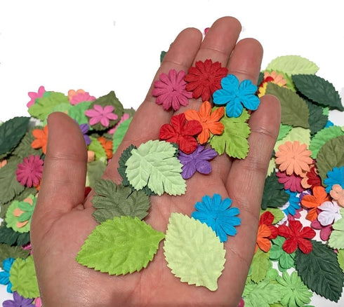 200 Pcs Handmade Mixed Mulberry Paper flowers Petals and Leaves Scrapbooking Wedding DIY Craft Supplies Card (10 Colors Flowers/Green Tone Leaves)...