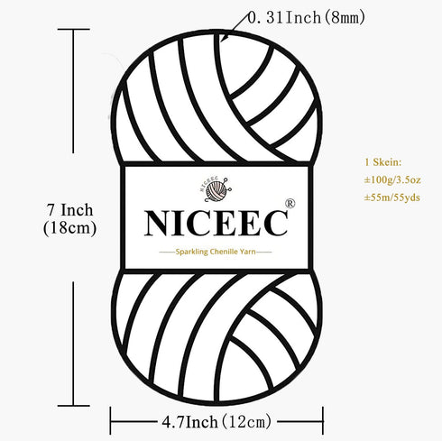 NICEEC 3 Skeins Sparkling Chenille Yarn Soft Yarn for Crochet Knitting Blanket Yarn DIY Craft Yarn for Blanket-Total Length 3×50m(3×55yds,100g×3) ...
