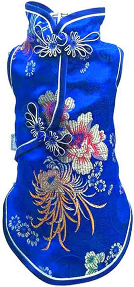 SEIS Pet Costume Tang Suit Dog Cheongsam Satin Clothes Chinese Style Clothing for Dogs Pet Skirt Puppy Cats Dress Dog Vest Tshirt (Blue, S)...