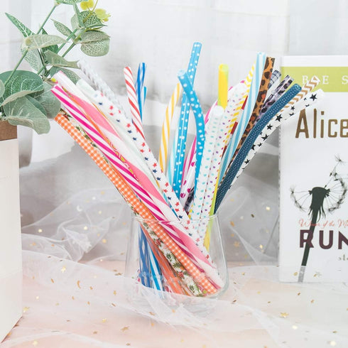 50 Pack Bent Reusable Straws, BPA-Free, 9" Colorful Hard Plastic Stripe Drinking Straw for Mason Jar Tumbler, Family or Party Use With Cleaning Br...