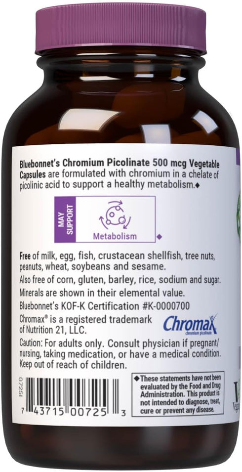 BlueBonnet Nutrition Chromium Picolinate, Soy, Gluten & Dairy Free, Non-GMO, Kosher Certified, Vegan, 500 mcg, 100 Count...