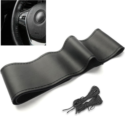 Leather Steering Wheel Cover, Stitch On Wrap, Breathable Anti-Slip Car Steering Wheel Protector for Max Diameter 15'', DIY Sewing with Needle Thre...