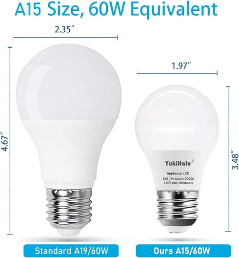 YukiHalu A15 LED Light Bulbs, 60W Equivalent, E26 Base, 2700K/3000K/5000k White, 7W 600 Lumens 120V, UL Listed, Ceiling Fan Light Bulbs, Appliance...
