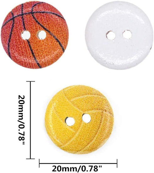 100 Pieces 3/4inch Ball Sports Painting Round Wood Buttons Football Baseball Soccer Volleyball Tennis 2 Holes Sewing Wooden Flatback Buttons for K...