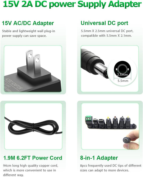 15V 2A DC Power Supply Adapter 30W AC/DC Charger AC 100V-240V to DC 15 Volt 2000mA 1500mA 1000mA Replacement Power Cord with 8TIPS for Monitor Wir...