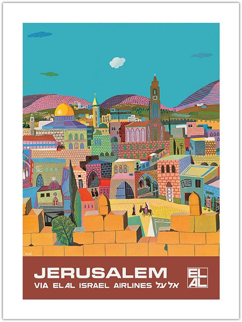 Jerusalem Israel - via El Al Israel Airlines - Vintage Airline Travel Poster by Peri Rosenfeld c.1970s - Bamboo Fine Art 290gsm Paper (Unframed) 1...