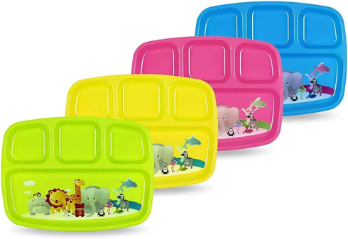 Toddler Plates With Dividers - Set of 4 Kids Dinner Plates with 4 - Compartment Brightly Colored Children Divided Tray Dishwasher Safe BPA Free Pl...
