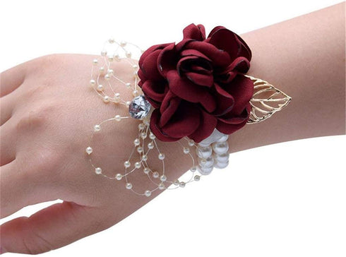 Girl Bridesmaid Wrist Corsage Bridal Silk Wrist Flower with Faux Pearl Bead Stretch Bracelet Wristband Gold Leaf for Wedding Prom Hand Flowers Dec...
