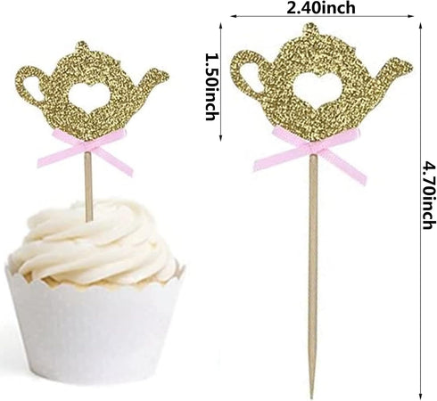 24 PCS Golden Glitter Teapot Cake Cupcake Toppers Picks for Tea Party Baby Shower Wedding Birthday Decorations...