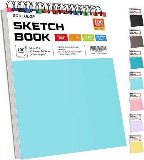 Soucolor 9" x 12" Sketch Book, 1-Pack 100 Sheets Spiral Bound Art Sketchbook, Acid Free (68lb/100gsm) Artist Drawing Book Paper Painting Sketching...