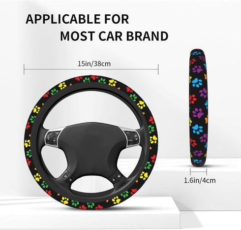 Paw Print Steering Wheel Cover Anti-Slip and Practical 14.5-15 Inch Universal Car Steering Wheel Cover with 2 Pieces Car Coasters Suitable for Men...