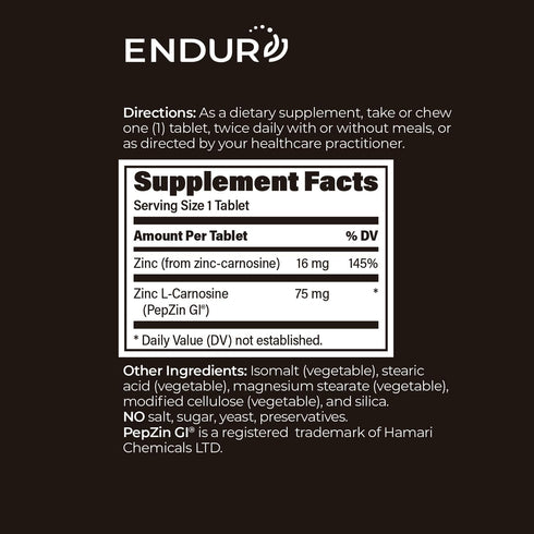Endur PepZinGI ZINC-CARNOSINE Chewables, Helps Support Your Digestive System for Comfortable Digesting, Gluten Free, 60 Tablets...