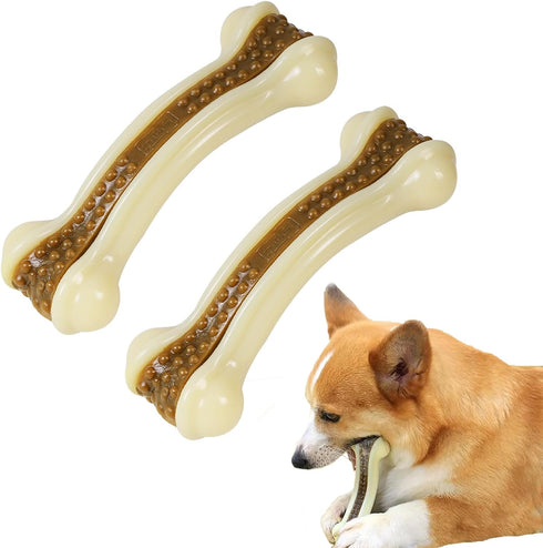 Dog Bones for Aggressive Chewers, 2 Pack Real Beef Flavor Dog Teething Toys for Medium/Small Breeds, Nylon Durable Dog Chew Toys...