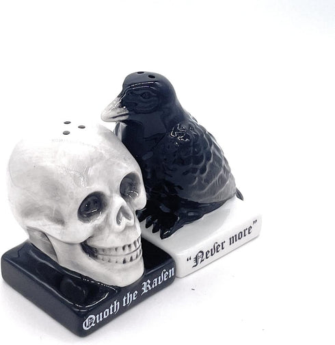 Rustix Quoth The Raven Ceramic Gothic Halloween Decor Cute skull Horror Salt and Pepper Shaker Set Scary Spooky and witchy Gift Fall Season Decor ...